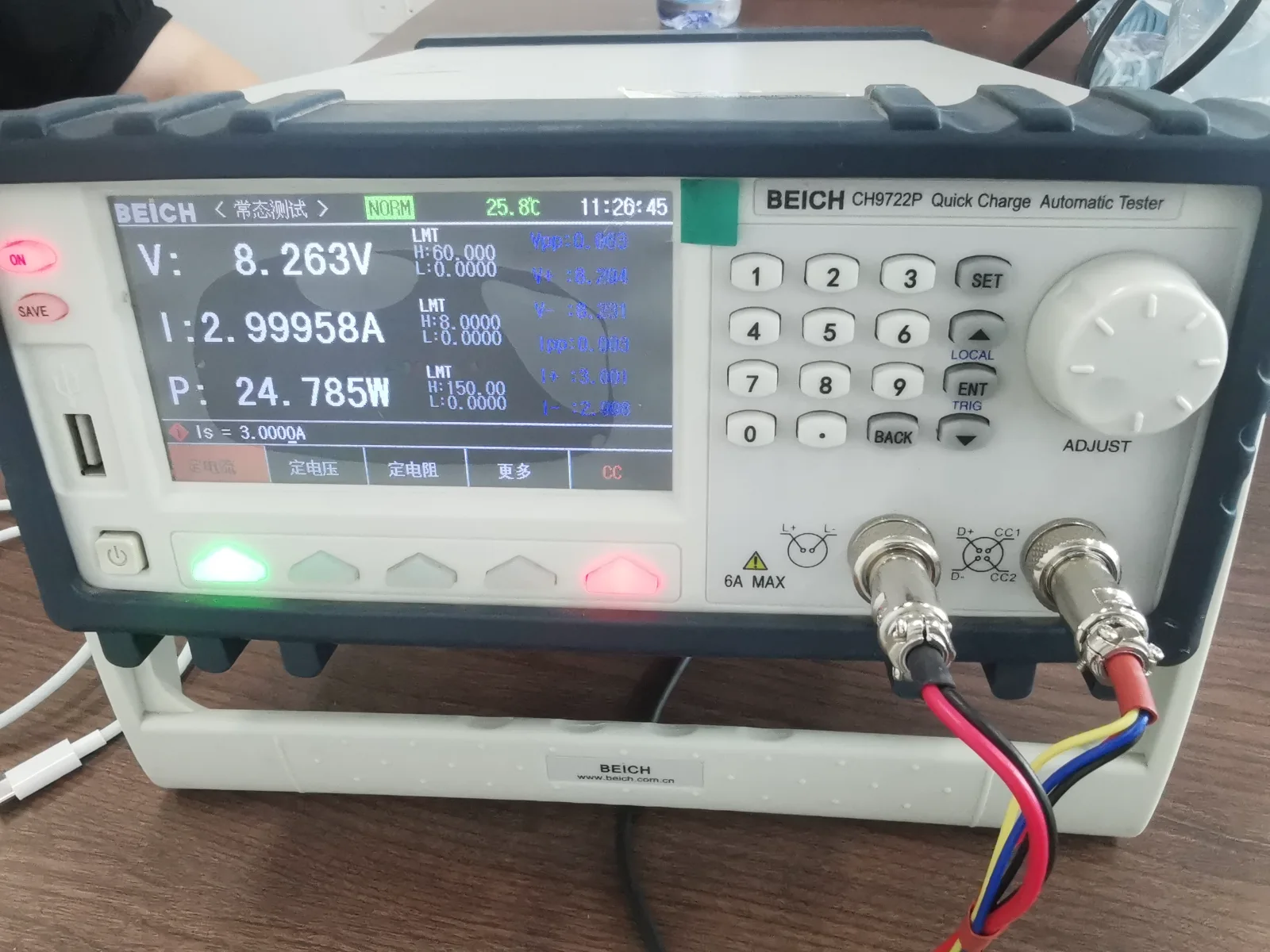 Quick charge automatic tester showing power output verification