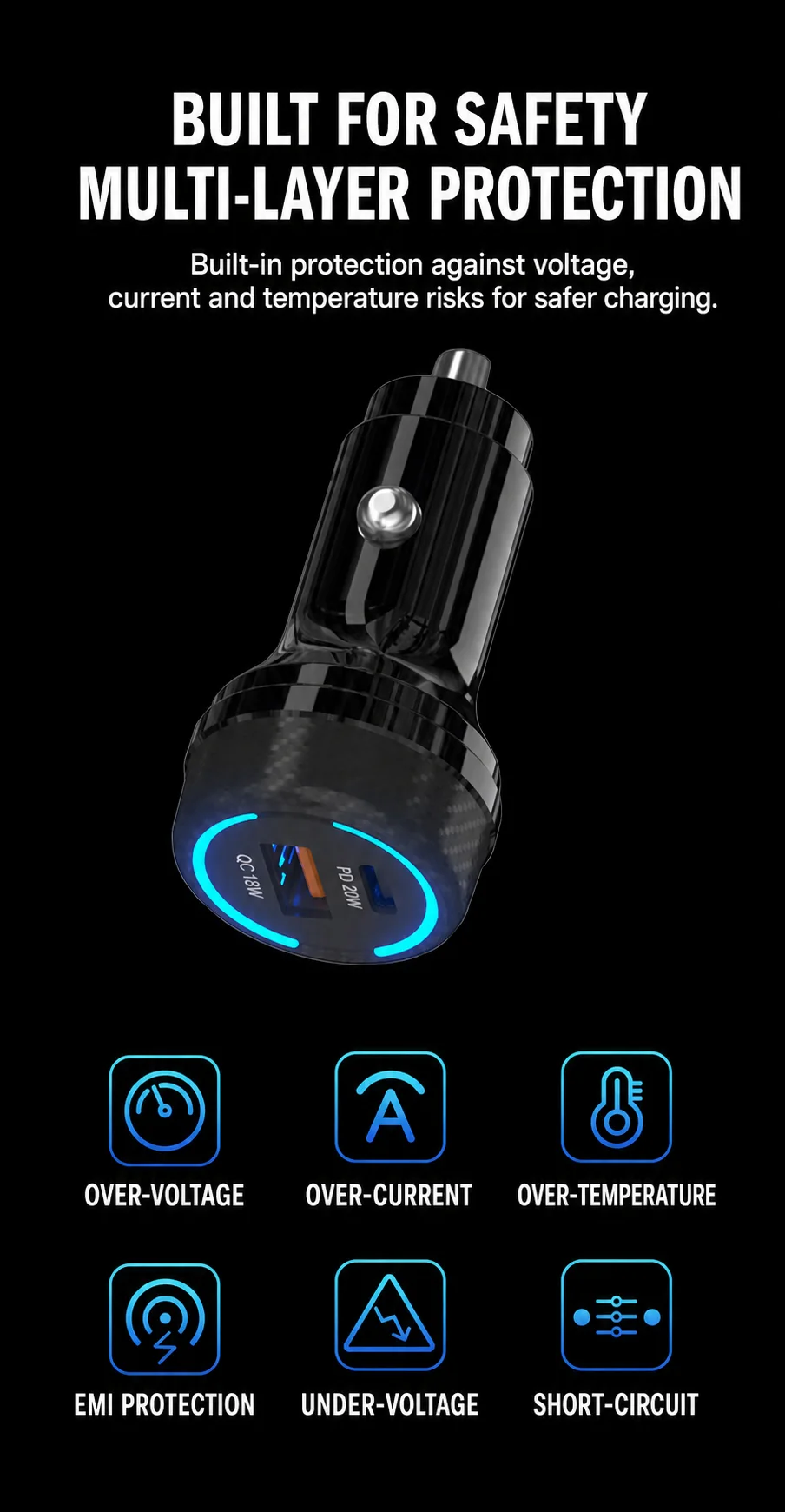Car charger with voltage current and temperature protection features