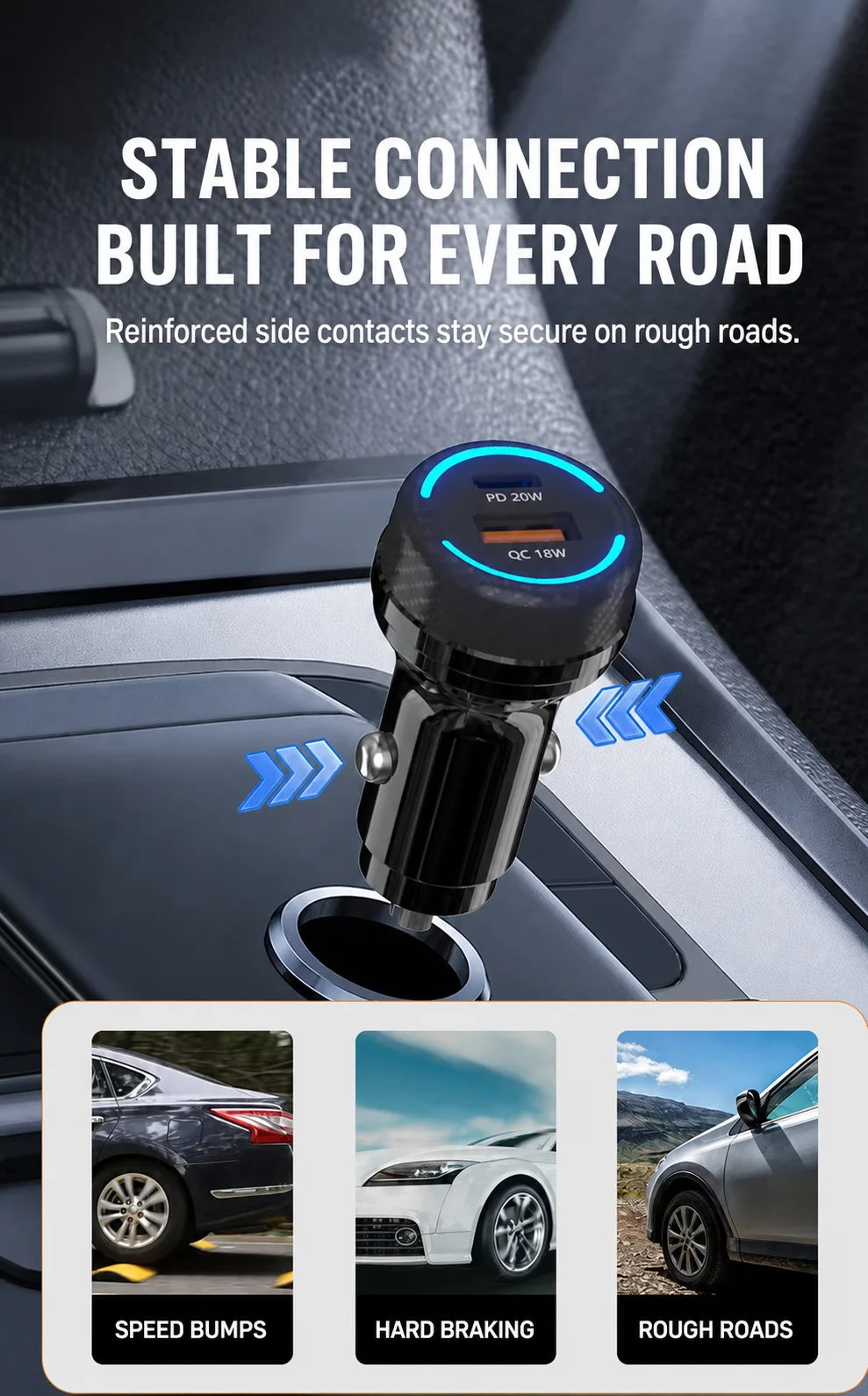 Dual-port car charger with stable socket contact design