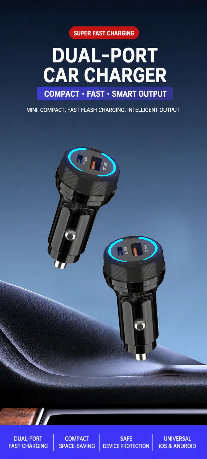 Compact dual-port PD and QC fast car charger