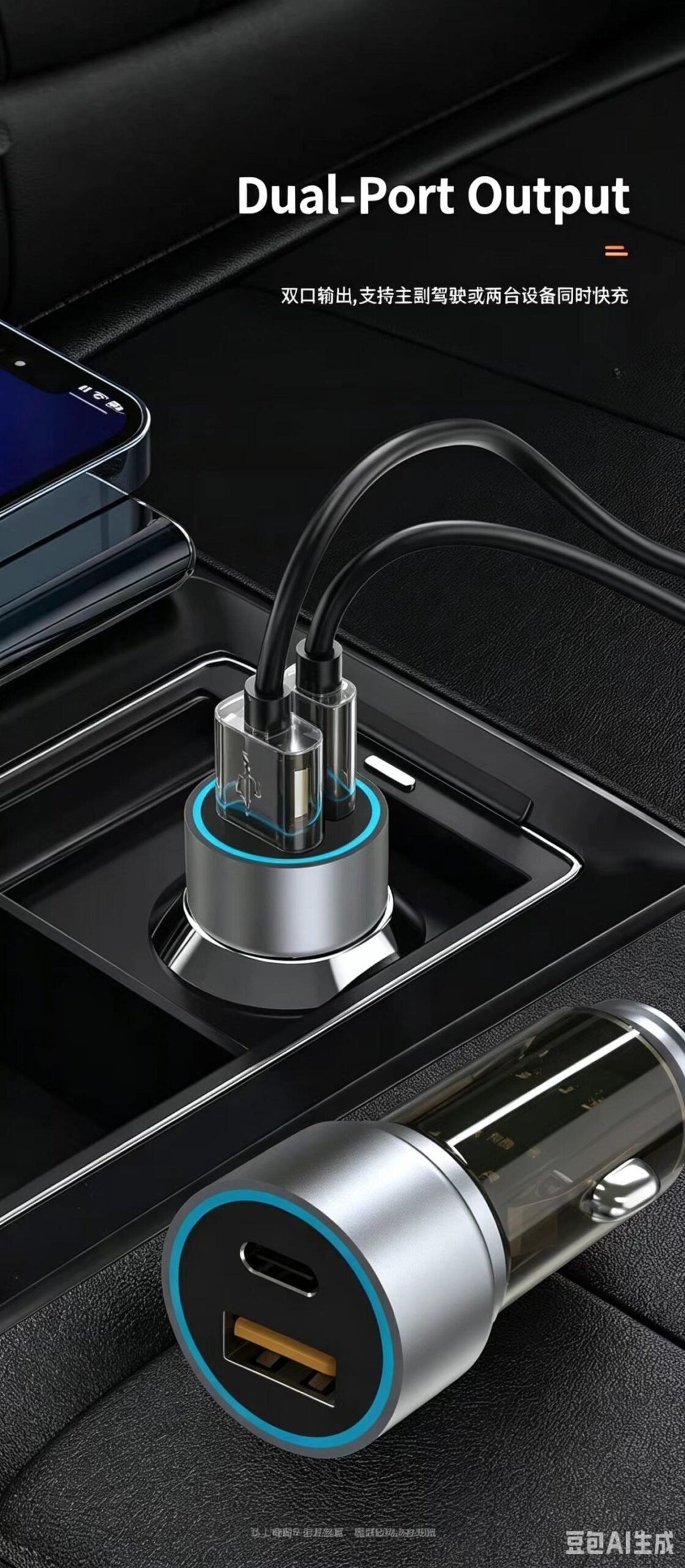 30W USB-C and 18W USB-A dual-port car charger product detail image 03