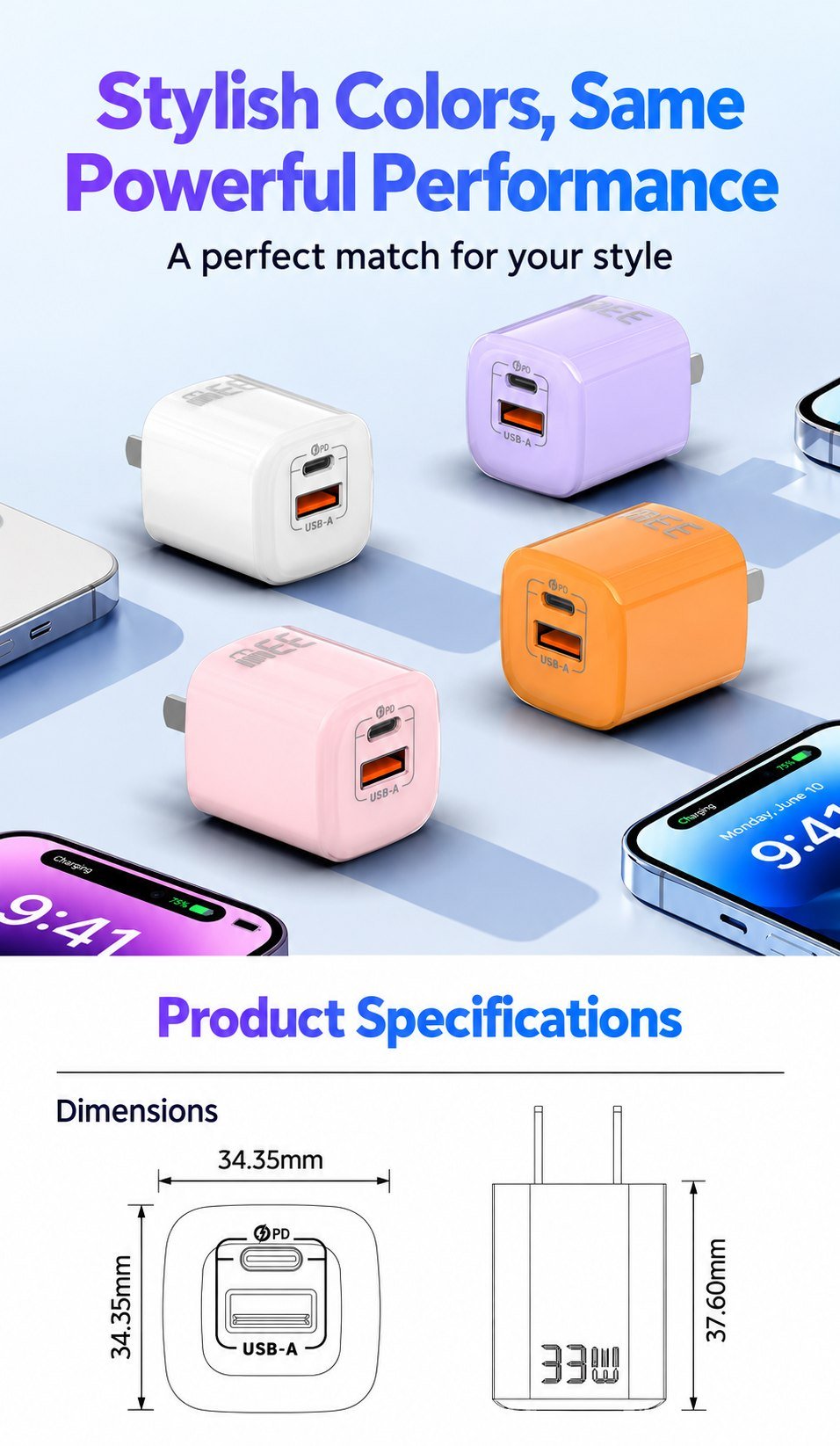U33A 33W GaN dual-port fast wall charger product detail image 01